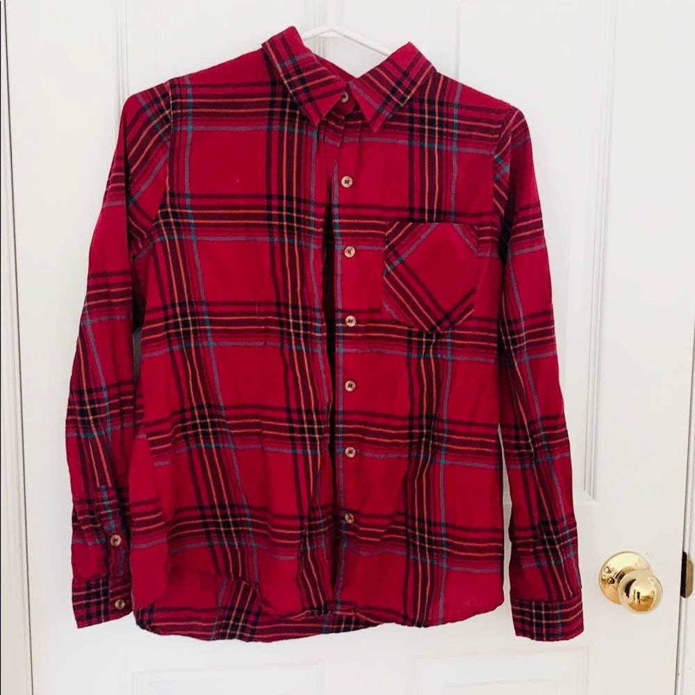 Red Plaid Button Down Long Sleeve Top